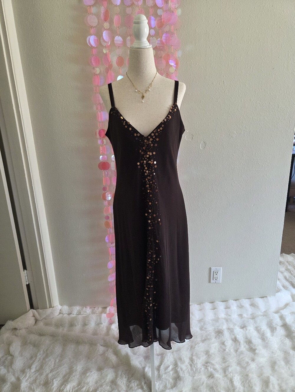 Jones Wear Brown Sequin-Trim Midi Slip Dress
